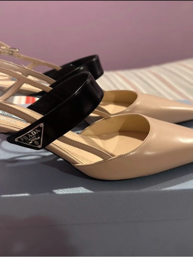 Prada Nude Leather Pointed-Toe Slingbacks With Black Strap